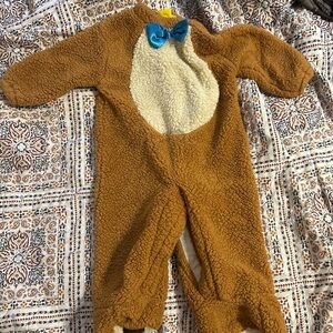 Cozy Brown Fleece Kids One Piece with Blue Bow Costume